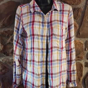 SO White Plaid Button-Down Shirt with Red, Blue & Yellow Stripes